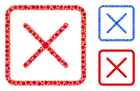 Close composition of small circles in different sizes and color hues, based on close icon. Vector round dots are combined into blue composition. Dotted close icon in usual and blue versions.のイラスト素材