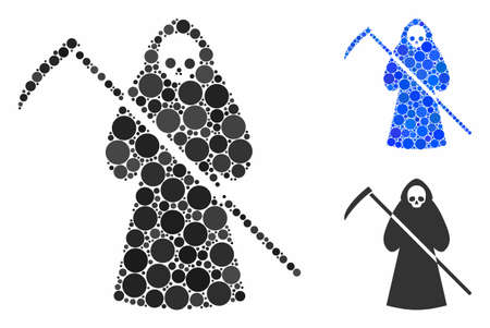 Scytheman mosaic of round dots in different sizes and color tinges, based on scytheman icon. Vector dots are grouped into blue collage. Dotted scytheman icon in usual and blue versions.のイラスト素材