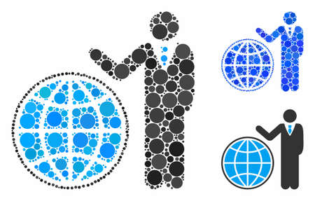 Planetary manager mosaic of round dots in variable sizes and color tints, based on planetary manager icon. Vector round dots are organized into blue composition.のイラスト素材