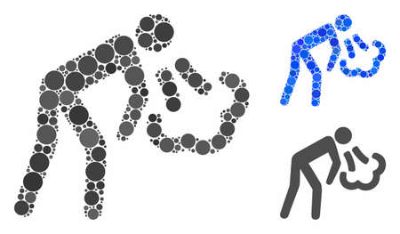 Vomiting mosaic of small circles in variable sizes and shades, based on vomiting icon. Vector small circles are combined into blue composition. Dotted vomiting icon in usual and blue versions.のイラスト素材
