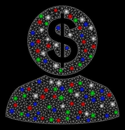 Bright mesh banker with glow effect. White wire carcass polygonal mesh in vector format on a black background. Abstract 2d mesh designed with triangular lines, dots, colorful glare spots.のイラスト素材