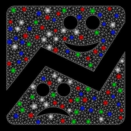 Bright mesh emotion chart with glare effect. White wire frame triangular mesh in vector format on a black background. Abstract 2d mesh built from triangular lines, dots, colorful light spots.のイラスト素材