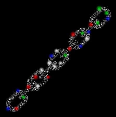 Bright mesh chain with lightspot effect. White wire frame polygonal mesh in vector format on a black background. Abstract 2d mesh built from polygonal grid, dots, colorful light spots.のイラスト素材