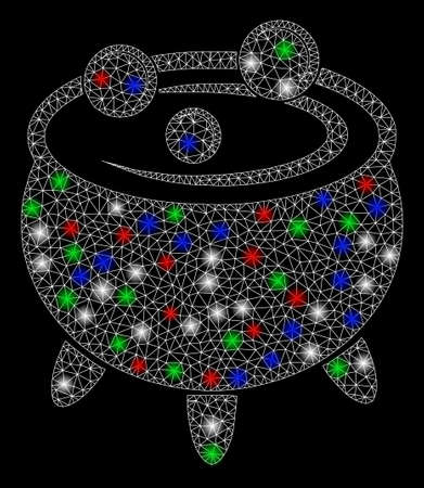 Bright mesh cauldron with glare effect. White wire frame polygonal mesh in vector format on a black background. Abstract 2d mesh designed with triangles, dots, colorful flash spots.のイラスト素材
