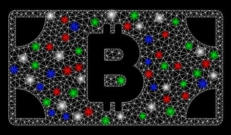 Bright mesh Bitcoin cash banknote with glare effect. White wire frame polygonal mesh in vector format on a black background. Abstract 2d mesh created from triangles, round dots, colorful glare spots.のイラスト素材