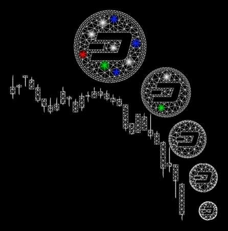 Bright mesh candlestick chart Dashcoin deflation with glow effect. White wire frame triangular mesh in vector format on a black background. Abstract 2d mesh designed with triangular lines, dots,のイラスト素材