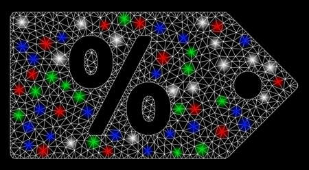 Bright mesh discount coupon with glare effect. White wire frame triangular mesh in vector format on a black background. Abstract 2d mesh designed with polygonal grid, points, colored glare spots.のイラスト素材