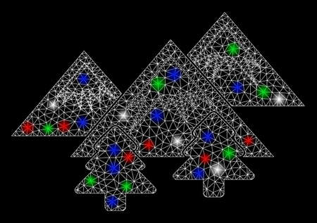 Bright mesh mountains forest with glow effect. White wire carcass polygonal mesh in vector format on a black background. Abstract 2d mesh designed with polygonal grid, round dots, colored glare spots.のイラスト素材