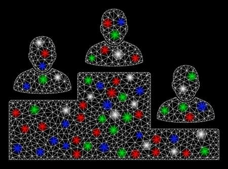 Bright mesh user rating levels with lightspot effect. White wire frame triangular mesh in vector format on a black background. Abstract 2d mesh designed with triangular lines, dots,のイラスト素材