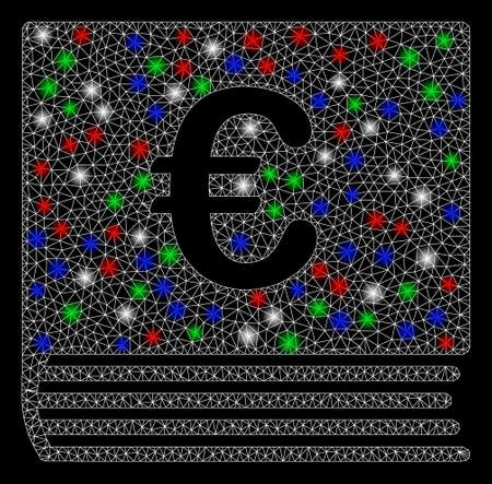 Bright mesh Euro sales book with glare effect. White wire frame triangular network in vector format on a black background. Abstract 2d mesh designed with triangular lines, spheric points,のイラスト素材