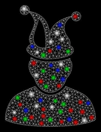 Bright mesh fool with glow effect. White wire frame polygonal mesh in vector format on a black background. Abstract 2d mesh designed with polygonal grid, small circle, colored flare spots.のイラスト素材