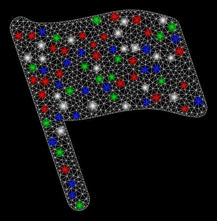 Bright mesh flag with glow effect. White wire carcass polygonal mesh in vector format on a black background. Abstract 2d mesh created from polygonal grid, dots, colored light spots.のイラスト素材
