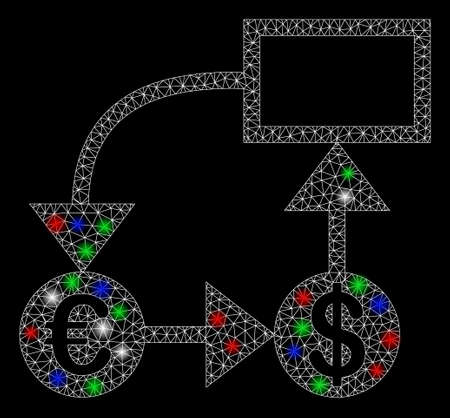 Bright mesh Euro and Dollar flow chart with glare effect. White wire frame polygonal mesh in vector format on a black background. Abstract 2d mesh designed with polygonal grid, round dots,のイラスト素材