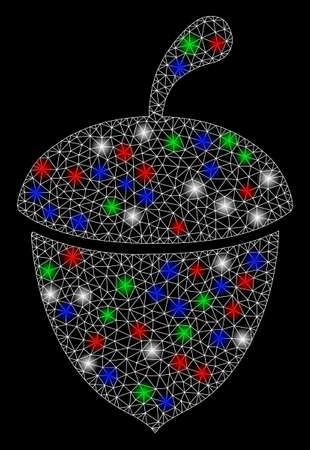 Bright mesh acorn with lightspot effect. White wire carcass triangular mesh in vector format on a black background. Abstract 2d mesh designed with triangular lines, points, colorful light spots.のイラスト素材
