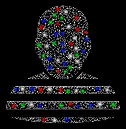 Bright mesh prisoner with glare effect. White wire carcass polygonal mesh in vector format on a black background. Abstract 2d mesh designed with triangles, points, colorful glare spots.のイラスト素材