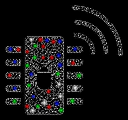 Bright mesh hardware bug with lightspot effect. White wire frame polygonal mesh in vector format on a black background. Abstract 2d mesh built from polygonal grid, small circle, colorful flash spots.のイラスト素材