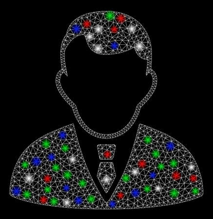 Bright mesh manager with glow effect. White wire frame triangular mesh in vector format on a black background. Abstract 2d mesh created from triangular lines, points, colorful light spots.のイラスト素材
