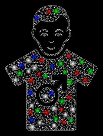 Bright mesh guy with glow effect. White wire frame polygonal mesh in vector format on a black background. Abstract 2d mesh designed with triangular lines, small circle, colored flash spots.のイラスト素材