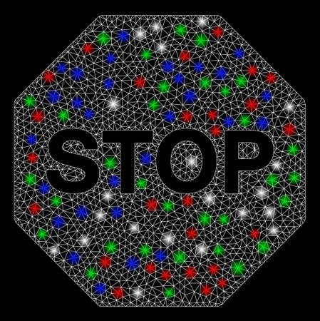 Bright mesh stop sign with glare effect. White wire frame polygonal network in vector format on a black background. Abstract 2d mesh designed with polygonal grid, dots, colored glare spots.のイラスト素材