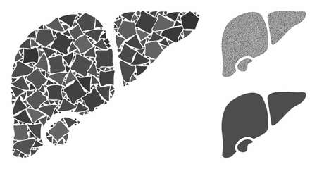 Liver composition of unequal pieces in variable sizes and color tinges, based on liver icon. Vector ragged pieces are composed into collage. Liver icons collage with dotted pattern.のイラスト素材