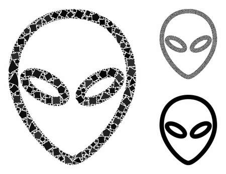 Alien composition of uneven elements in different sizes and color hues, based on Alien icon. Vector uneven pieces are united into composition. Alien icons collage with dotted pattern.のイラスト素材