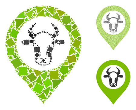 Cow map marker mosaic of humpy pieces in different sizes and shades, based on cow map marker icon. Vector humpy elements are united into collage. Cow map marker icons collage with dotted pattern.のイラスト素材