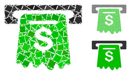 ATM mosaic of abrupt items in variable sizes and color tones, based on ATM icon. Vector unequal elements are composed into collage. ATM icons collage with dotted pattern.のイラスト素材