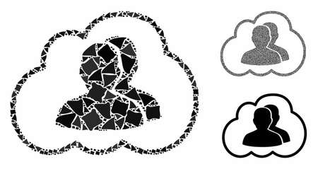 Cloud community mosaic of abrupt pieces in various sizes and color hues, based on cloud community icon. Vector trembly pieces are organized into collage.のイラスト素材