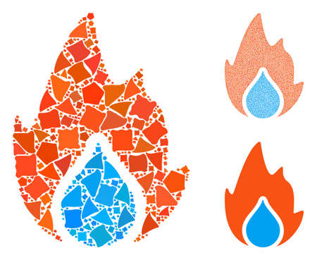 Fire and water drop composition of bumpy pieces in different sizes and color tinges, based on fire and water drop icon. Vector bumpy pieces are combined into collage.のイラスト素材