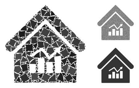 Realty charts mosaic of abrupt items in variable sizes and color tints, based on realty charts icon. Vector rough parts are united into mosaic. Realty charts icons collage with dotted pattern.のイラスト素材