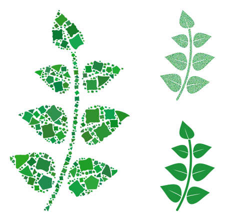 Leaf branch mosaic of humpy items in various sizes and color tinges, based on leaf branch icon. Vector joggly items are combined into collage. Leaf branch icons collage with dotted pattern.のイラスト素材