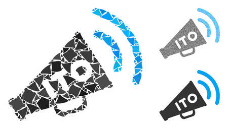 ITO alert megaphone mosaic of abrupt elements in different sizes and color tinges, based on ITO alert megaphone icon. Vector raggy elements are organized into collage.のイラスト素材