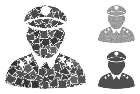 Army general mosaic of irregular parts in different sizes and color tones, based on army general icon. Vector inequal parts are united into mosaic. Army general icons collage with dotted pattern.のイラスト素材