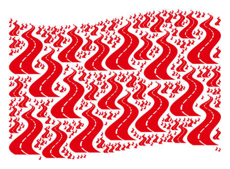 Waving red flag collage. Vector far way road icons are formed into conceptual red waving flag...