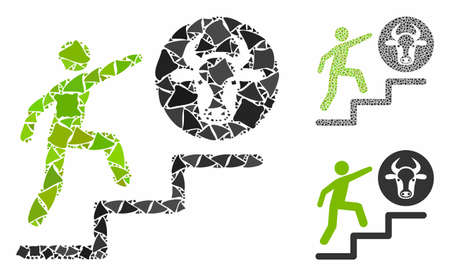 Person climbing to cow mosaic of abrupt elements in different sizes and color tinges, based on person climbing to cow icon. Vector abrupt elements are united into mosaic.のイラスト素材
