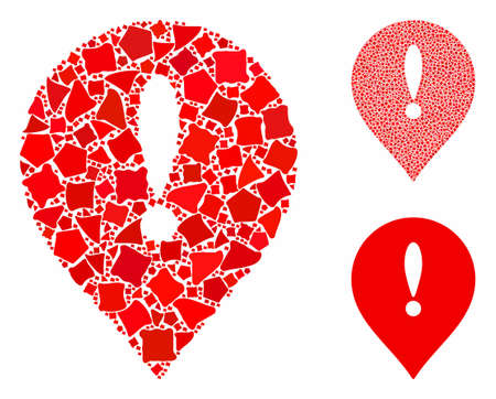 Exclamation marker mosaic of inequal parts in various sizes and shades, based on exclamation marker icon. Vector inequal parts are combined into collage.のイラスト素材