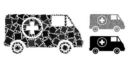 Ambulance car mosaic of rough items in different sizes and color tints, based on ambulance car icon. Vector rough items are united into mosaic. Ambulance car icons collage with dotted pattern.のイラスト素材
