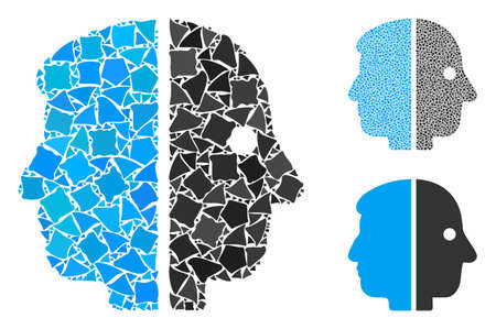Dual face mosaic of trembly items in variable sizes and color tones, based on dual face icon. Vector trembly parts are grouped into mosaic. Dual face icons collage with dotted pattern.のイラスト素材