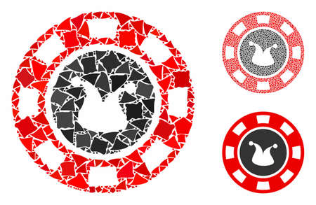 Joker casino chip mosaic of ragged pieces in different sizes and shades, based on joker casino chip icon. Vector unequal pieces are grouped into mosaic.のイラスト素材