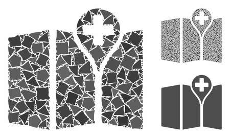 Map mosaic of trembly parts in variable sizes and color tones, based on map icon. Vector uneven parts are combined into mosaic. Map icons collage with dotted pattern.のイラスト素材