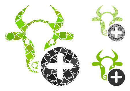 Cow add composition of humpy parts in various sizes and color tinges, based on cow add icon. Vector rough parts are combined into composition. Cow add icons collage with dotted pattern.のイラスト素材