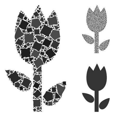 Tulip mosaic of abrupt parts in variable sizes and color tones, based on tulip icon. Vector inequal parts are grouped into mosaic. Tulip icons collage with dotted pattern.のイラスト素材