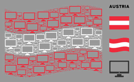 Waving Austrian state flag. Vector computer display elements are scattered into conceptual Austrian flag illustration. Patriotic illustration organized of flat computer display design elements.のイラスト素材