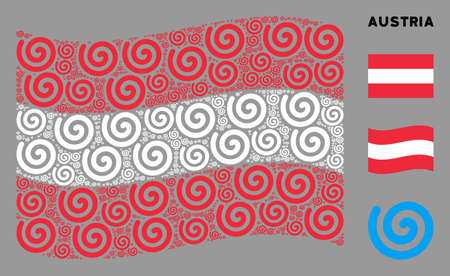 Waving Austria state flag. Vector spiral elements are arranged into conceptual Austria flag abstraction. Patriotic illustration created of flat spiral design elements.のイラスト素材