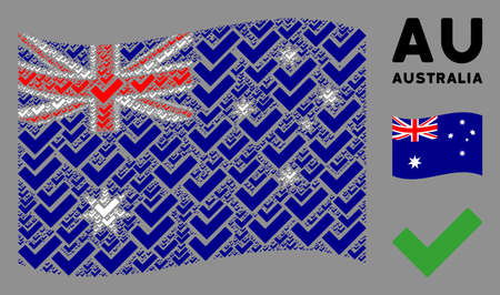 Waving Australia state flag. Vector yes icons are scattered into geometric Australia flag collage. Patriotic collage done of flat yes design elements.のイラスト素材