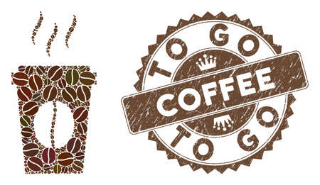 Mosaic paper coffee cup and grunge stamp watermark with To Go Coffee caption. Mosaic vector paper coffee cup is composed with seeds. To Go Coffee stamp uses chocolate color.のイラスト素材