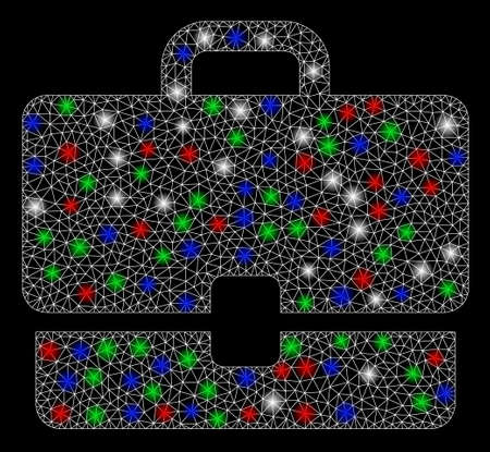 Bright mesh case with glow effect. White wire frame triangular mesh in vector format on a black background. Abstract 2d mesh designed with triangular lines, dots, colored flare spots.のイラスト素材