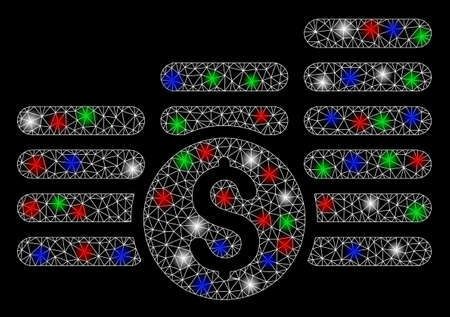 Bright mesh finances with glow effect. White wire carcass triangular mesh in vector format on a black background. Abstract 2d mesh designed with triangular lines, points, colorful glare spots.のイラスト素材