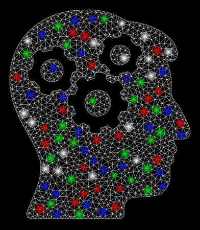 Bright mesh mind gears with glow effect. White wire carcass triangular mesh in vector format on a black background. Abstract 2d mesh designed with triangular lines, dots, colored light spots.のイラスト素材