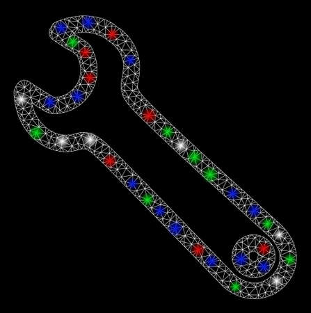Bright mesh spanner with lightspot effect. White wire frame triangular mesh in vector format on a black background. Abstract 2d mesh built from triangular lines, small circle, colorful glare spots.のイラスト素材